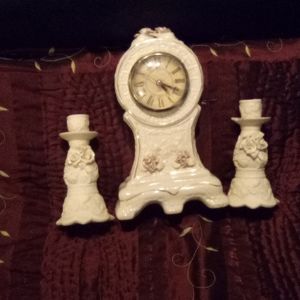 Antique ceramic clock and candle holder set